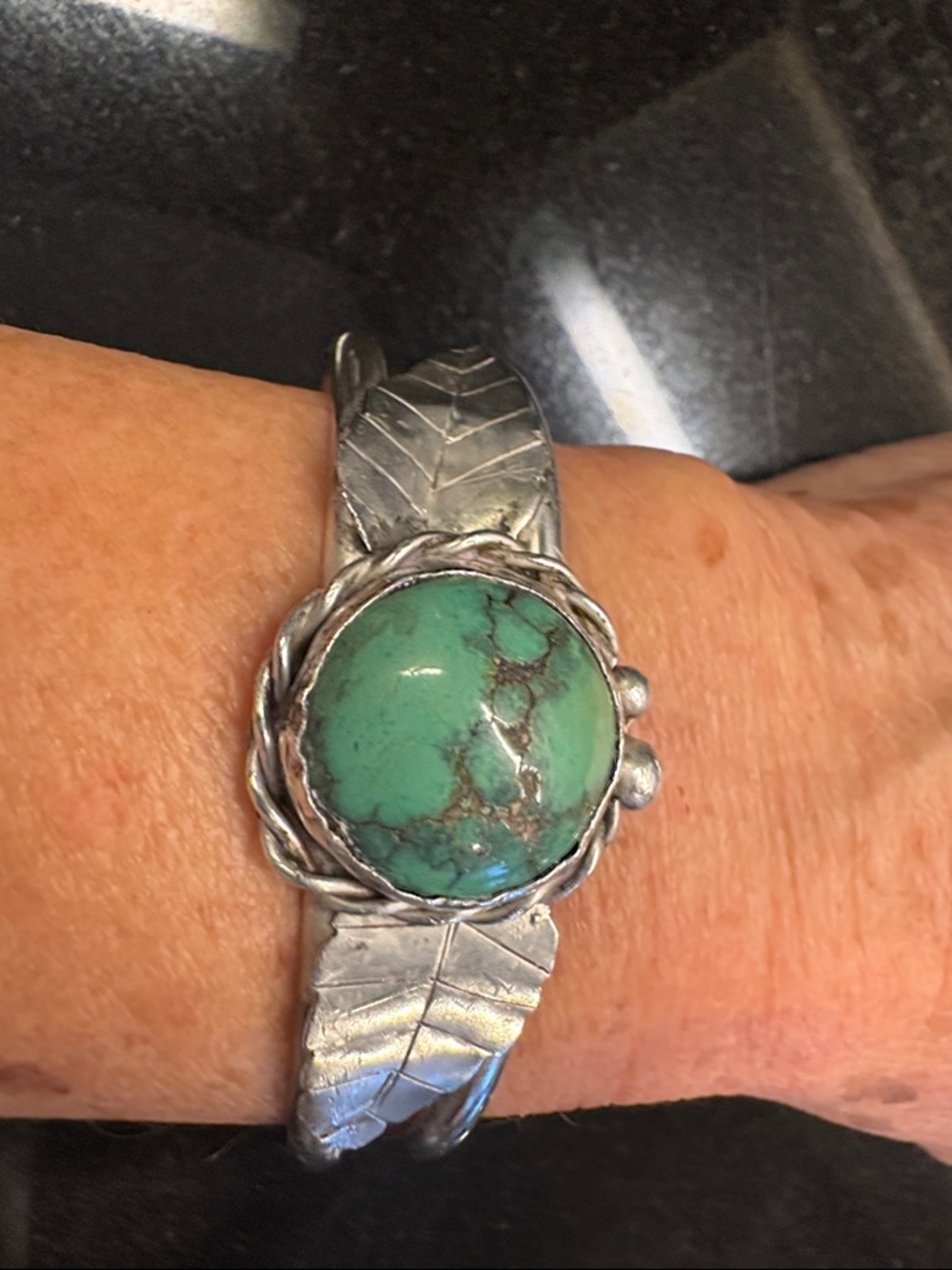 Turquoise Stone Silver Feather Cuff Bracelet - Women Jewelry - Picture 8 of 12
